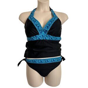 NWT Athleta Two piece Tankini 40D/DD Removable Pads Black Blue Print XL Bottoms